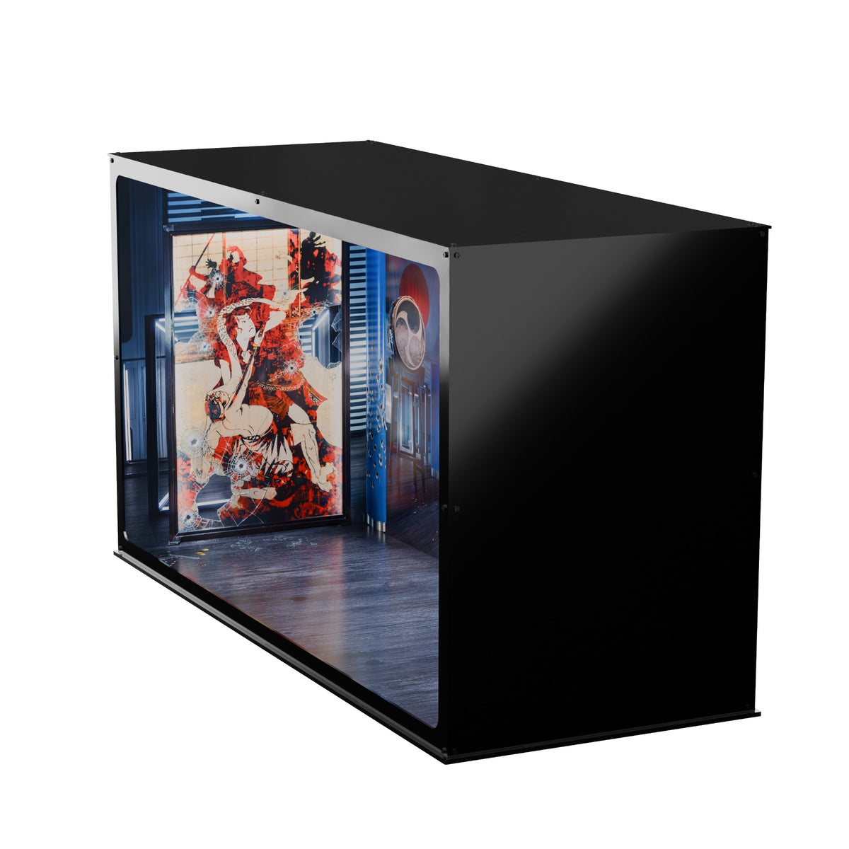 John Wick inspired Infinity Display Case in black, elevated side angle showing the case exterior and artwork