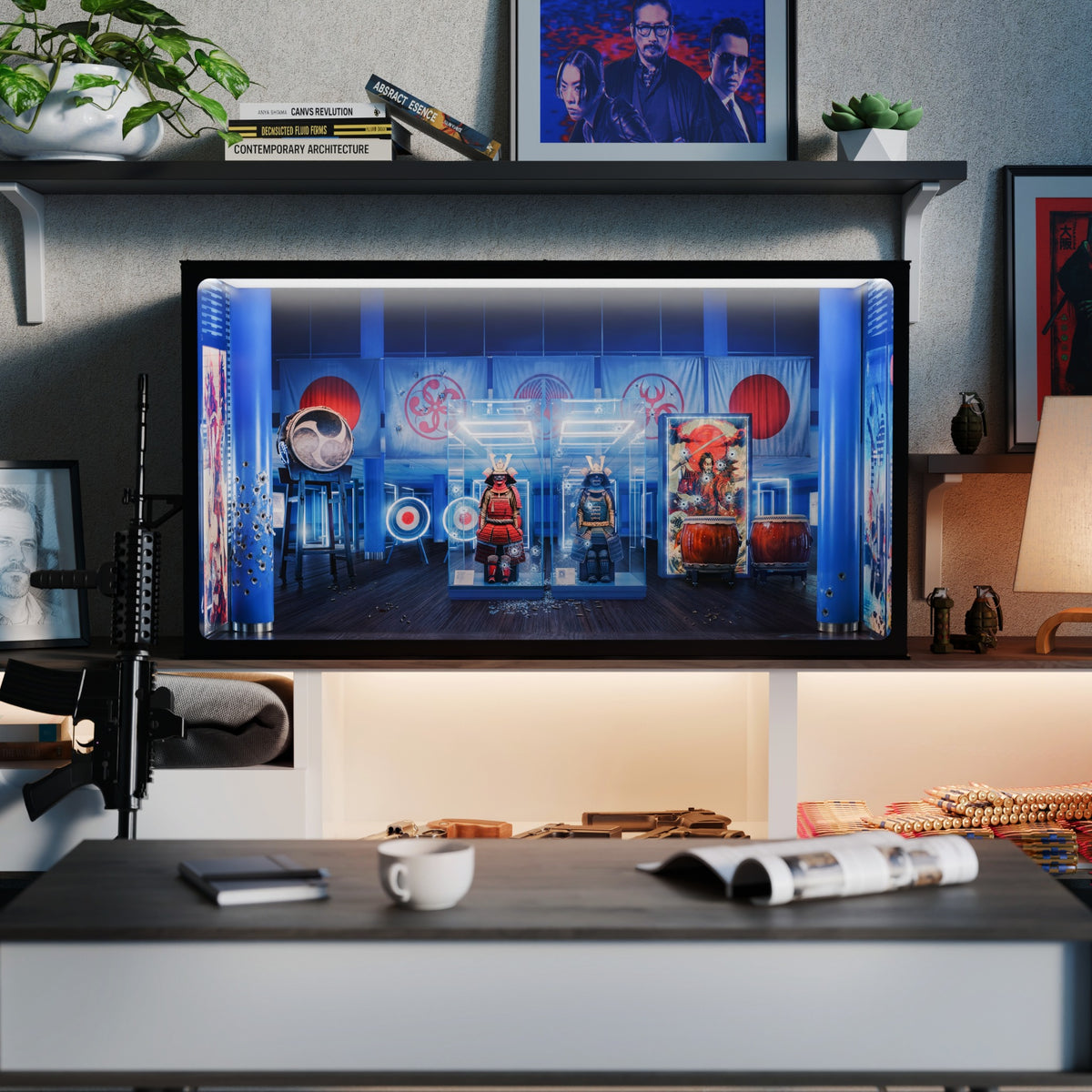John Wick inspired Infinity Display Case in black, room setting with the illuminated case