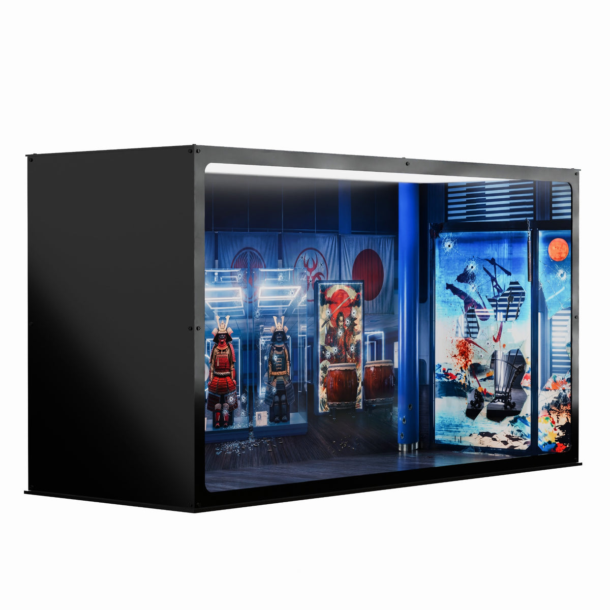 John Wick inspired Infinity Display Case in black, wide front angle showing the illuminated interior artwork