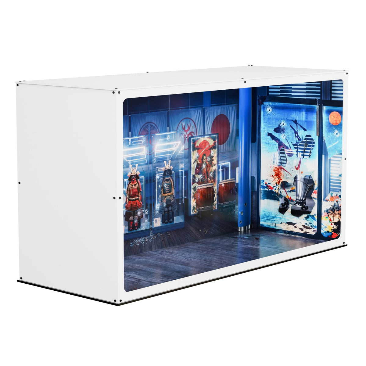 John Wick inspired Infinity Display Case in white, front angle showing the printed back, side panels and base
