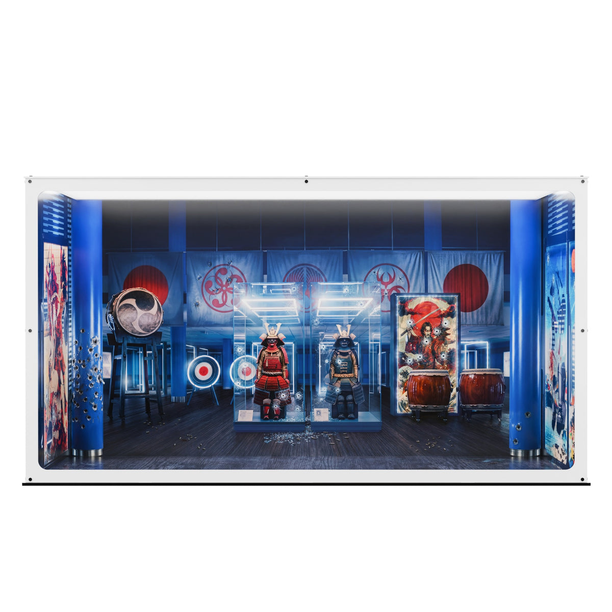 John Wick inspired Infinity Display Case in white, illuminated front view with printed samurai gallery artwork