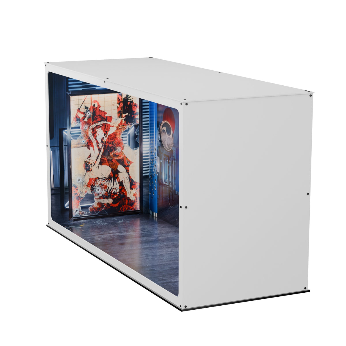 John Wick inspired Infinity Display Case in white, elevated side angle showing the case exterior and artwork