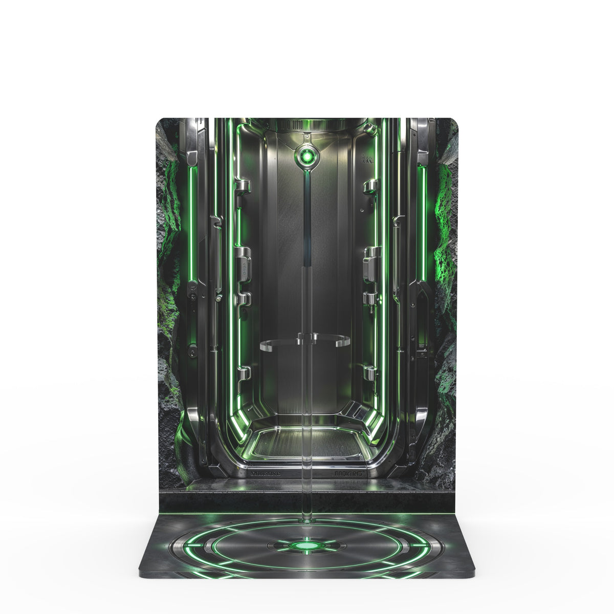Superior Iron Man Infamous Neon printed display stand - straight front view of empty stand