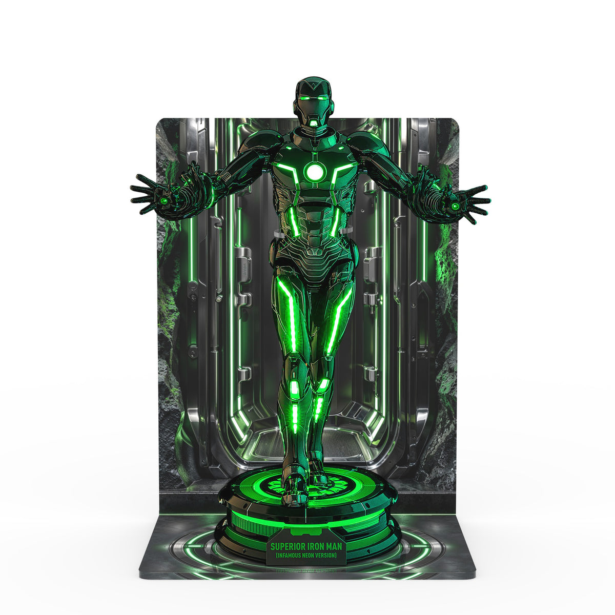 Superior Iron Man Infamous Neon printed display stand - straight front view with figure