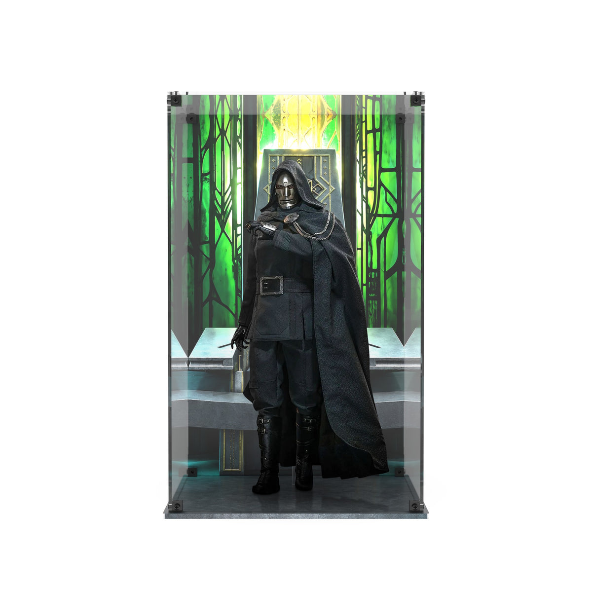 Display case for Hot Toys MMS906B Doctor Doom - printed back and matching printed base, straight front view with Doctor Doom figure