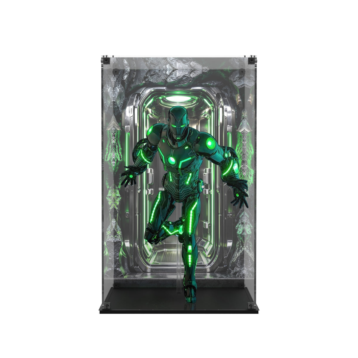 Display case for Hot Toys CMS036D83 Superior Iron Man (Infamous Neon Version) - printed back and glossy black base, front view with figure