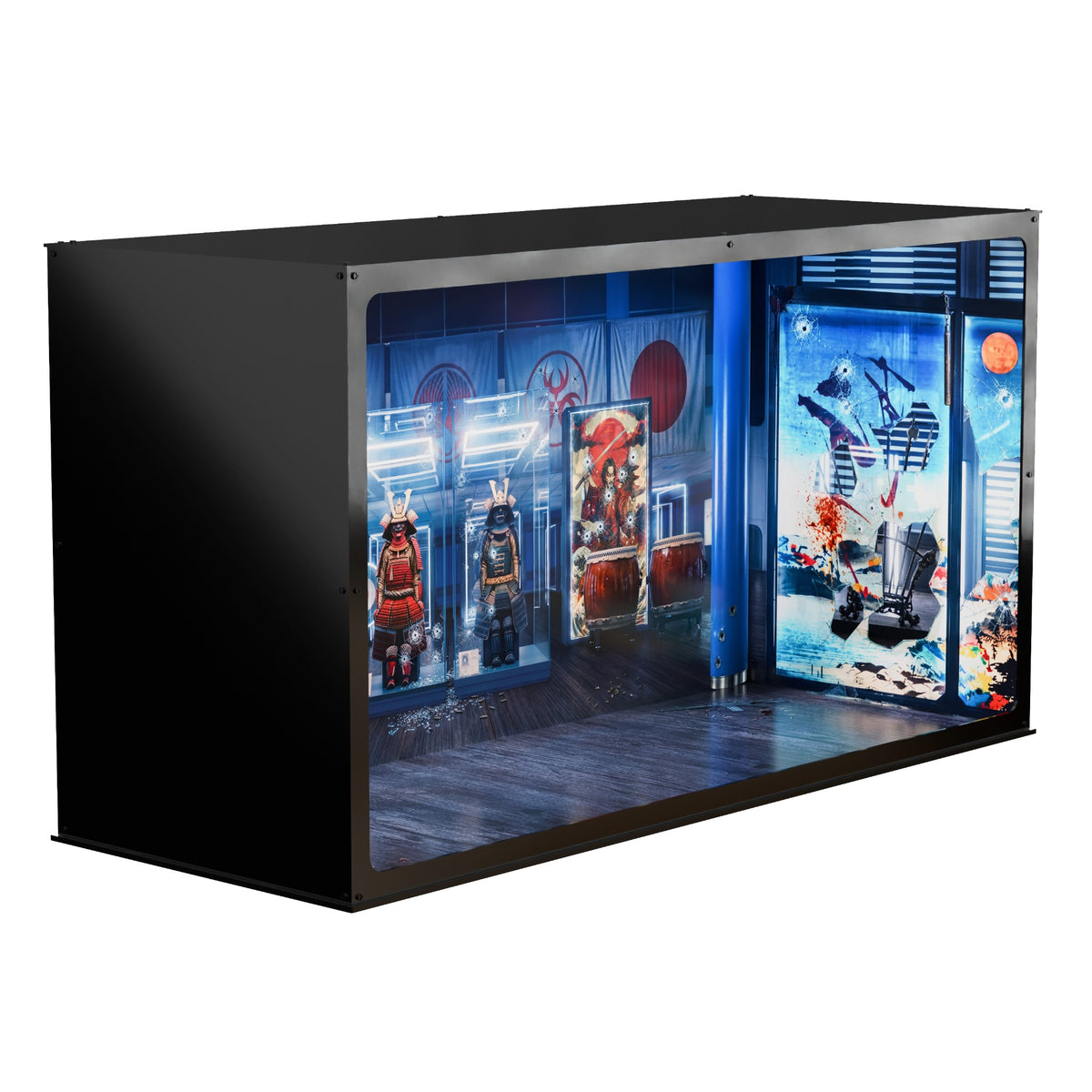 John Wick inspired Infinity Display Case in black, front angle showing the printed back, side panels and base