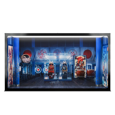 John Wick inspired Infinity Display Case in black, illuminated front view with printed samurai gallery artwork