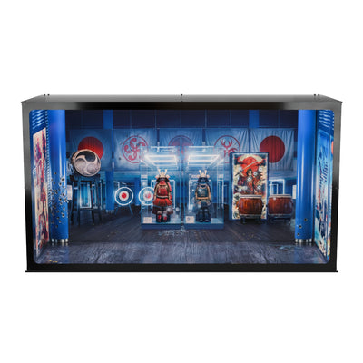 John Wick inspired Infinity Display Case in black, elevated front view showing the printed base and samurai gallery artwork