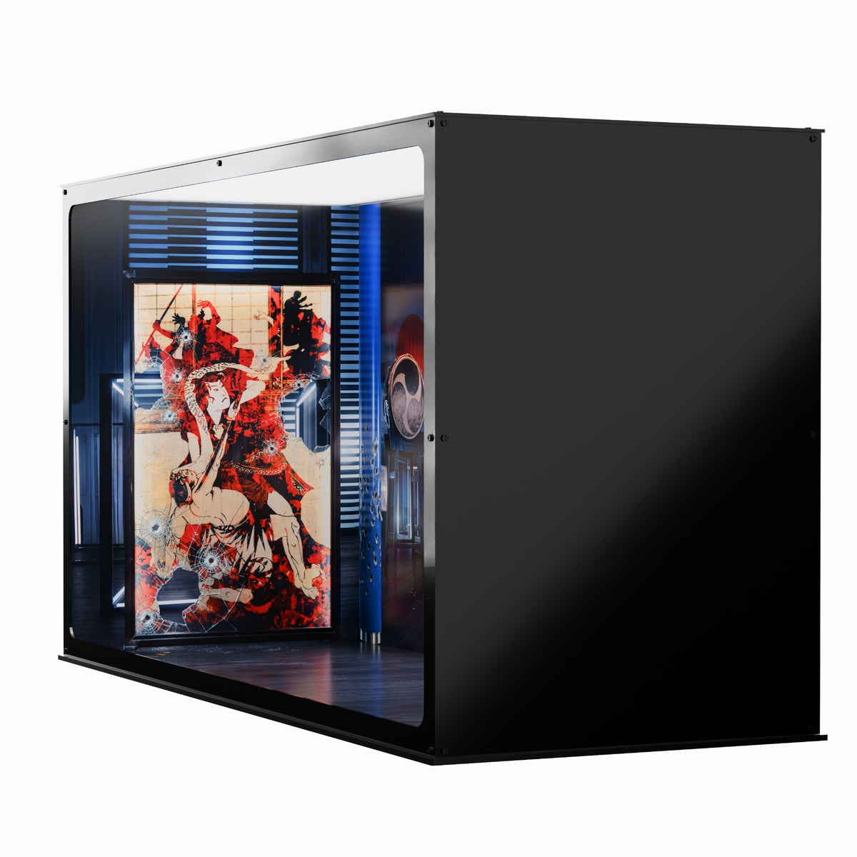 John Wick inspired Infinity Display Case in black, side angle showing the case exterior and printed interior