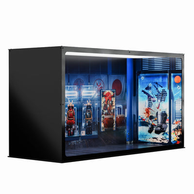 John Wick inspired Infinity Display Case in black, wide front angle showing the illuminated interior artwork