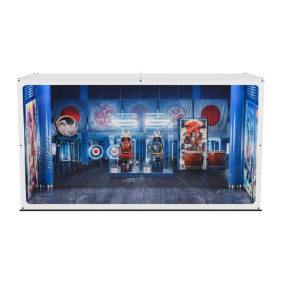 John Wick inspired Infinity Display Case in white, elevated front view showing the printed base and samurai gallery artwork