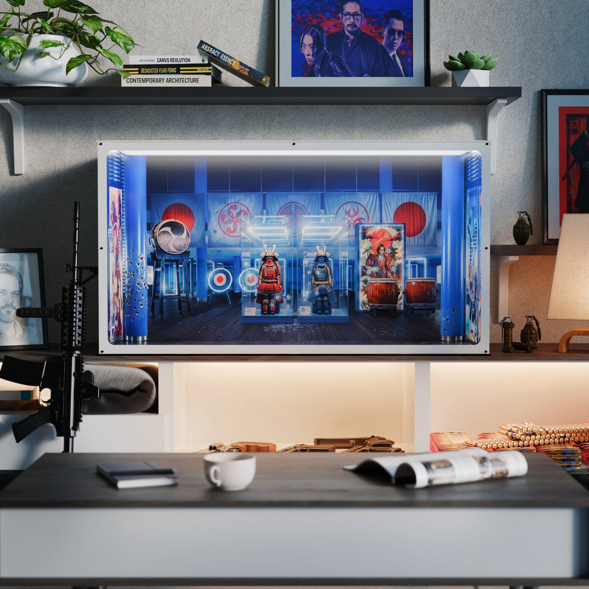 John Wick inspired Infinity Display Case in white, room setting with the illuminated case