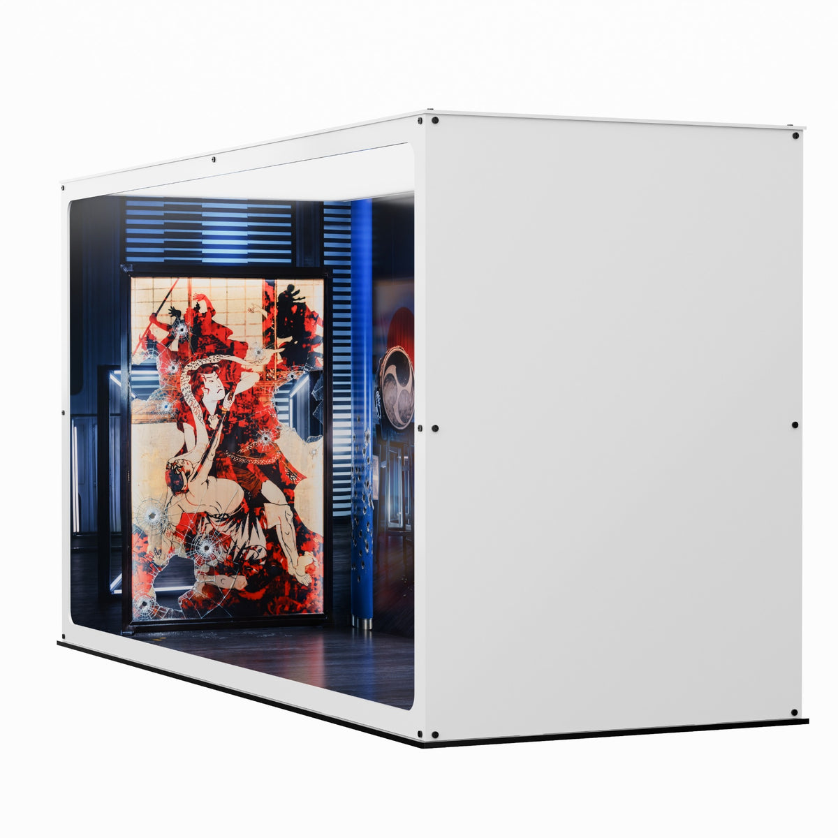 John Wick inspired Infinity Display Case in white, side angle showing the case exterior and printed interior