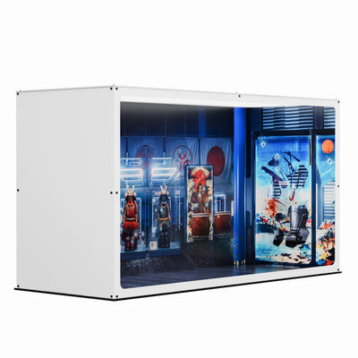 John Wick inspired Infinity Display Case in white, wide front angle showing the illuminated interior artwork