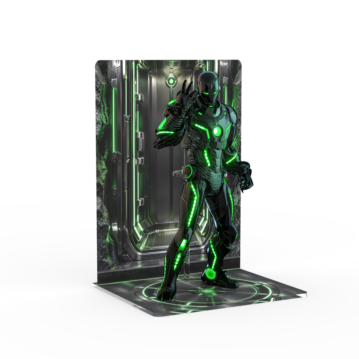 Superior Iron Man Infamous Neon printed display stand - angled view with figure