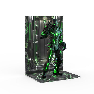 Superior Iron Man Infamous Neon printed display stand - angled view with figure