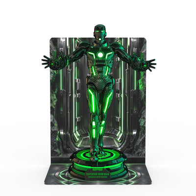Superior Iron Man Infamous Neon printed display stand - straight front view with figure
