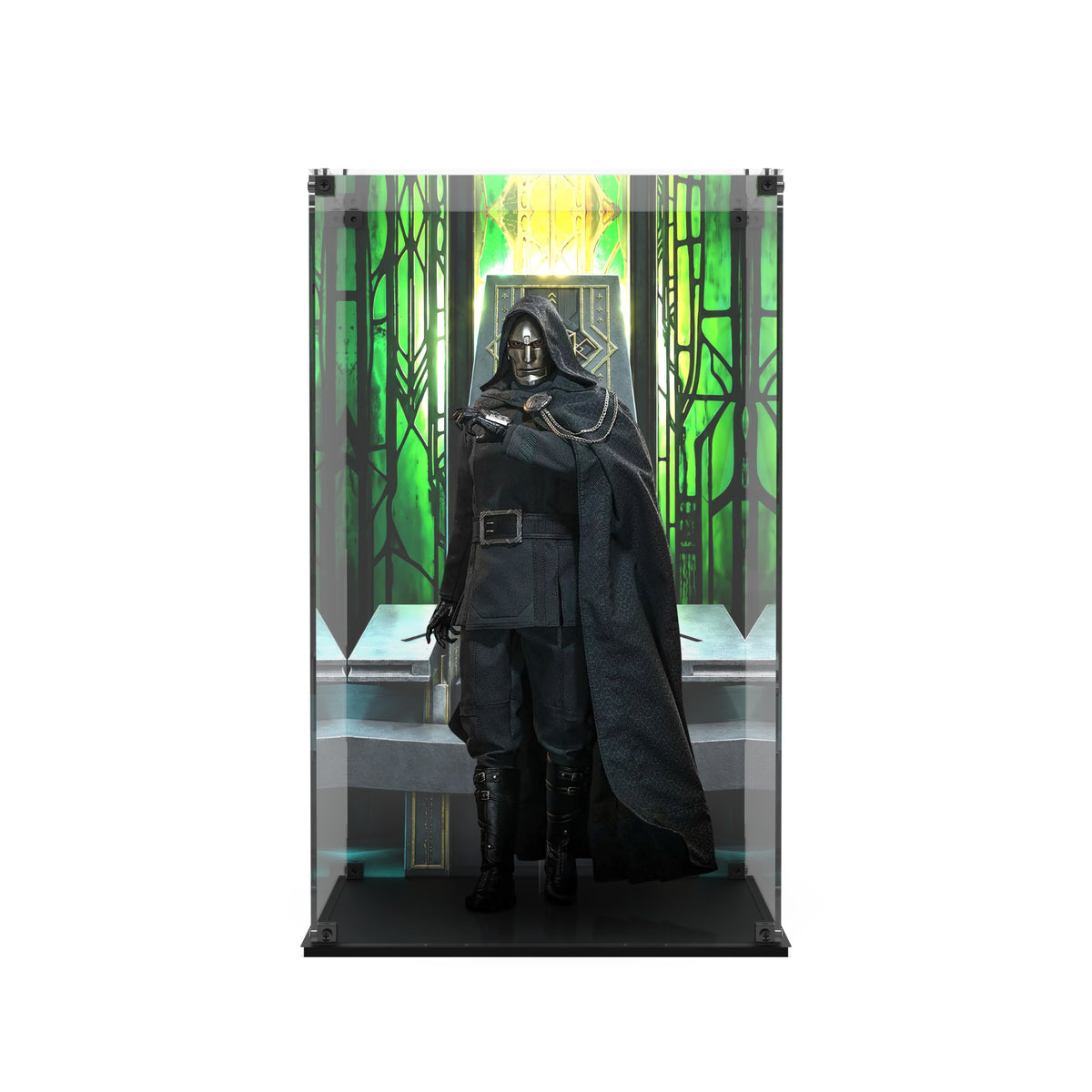 Display case for Hot Toys MMS906B Doctor Doom - printed back and glossy black base, straight front view with Doctor Doom figure