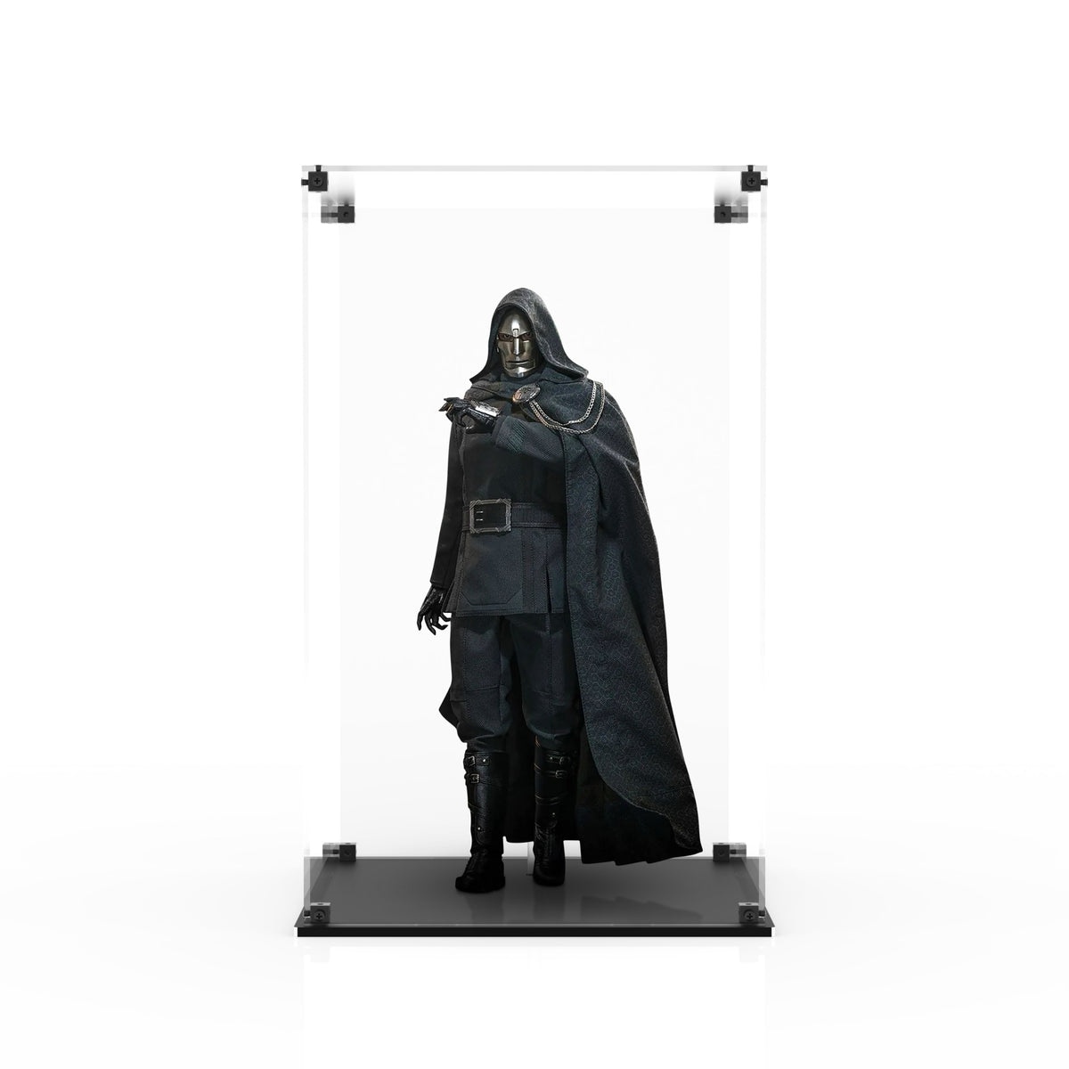 Display case for Hot Toys MMS906B Doctor Doom - clear back and glossy black base, straight front view with Doctor Doom figure