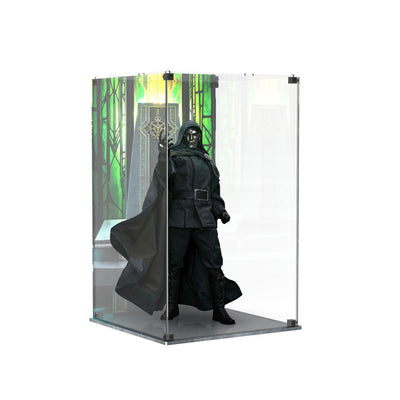 Display case for Hot Toys MMS906B Doctor Doom - printed back and matching printed base, angled view with Doctor Doom figure