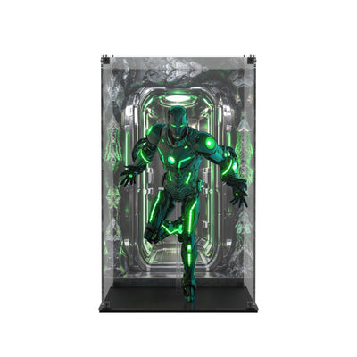 Display case for Hot Toys CMS036D83 Superior Iron Man (Infamous Neon Version) - printed back and glossy black base, front view with figure