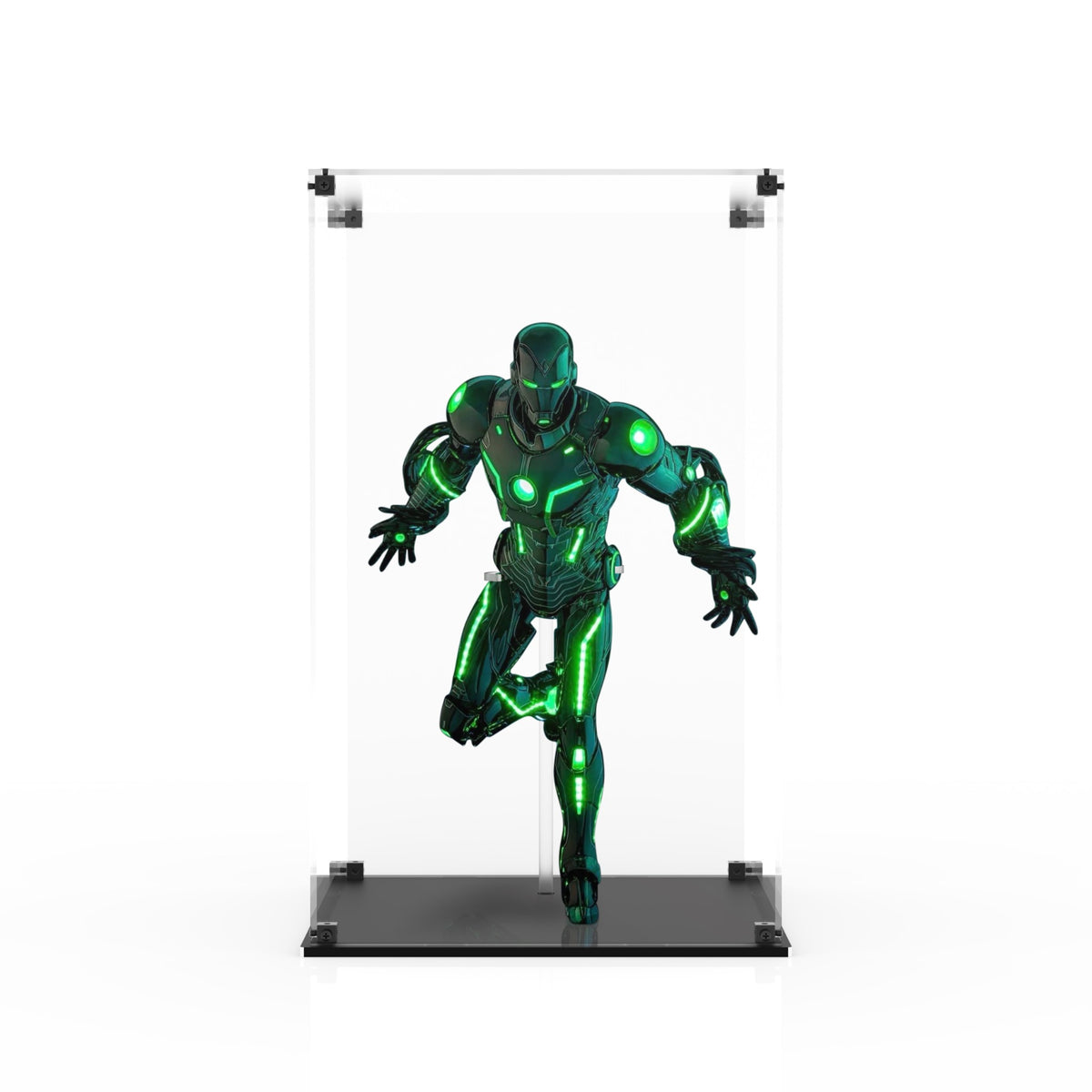 Display case for Hot Toys CMS036D83 Superior Iron Man (Infamous Neon Version) - clear case and glossy black base, front view with figure