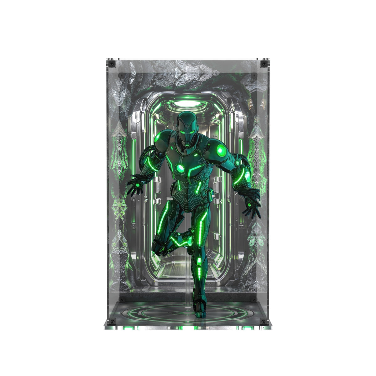 Display case for Hot Toys CMS036D83 Superior Iron Man (Infamous Neon Version) - printed back and printed base, front view with figure