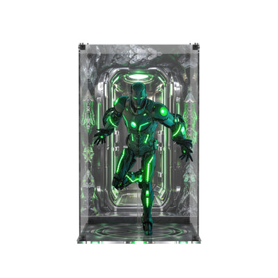 Display case for Hot Toys CMS036D83 Superior Iron Man (Infamous Neon Version) - printed back and printed base, front view with figure