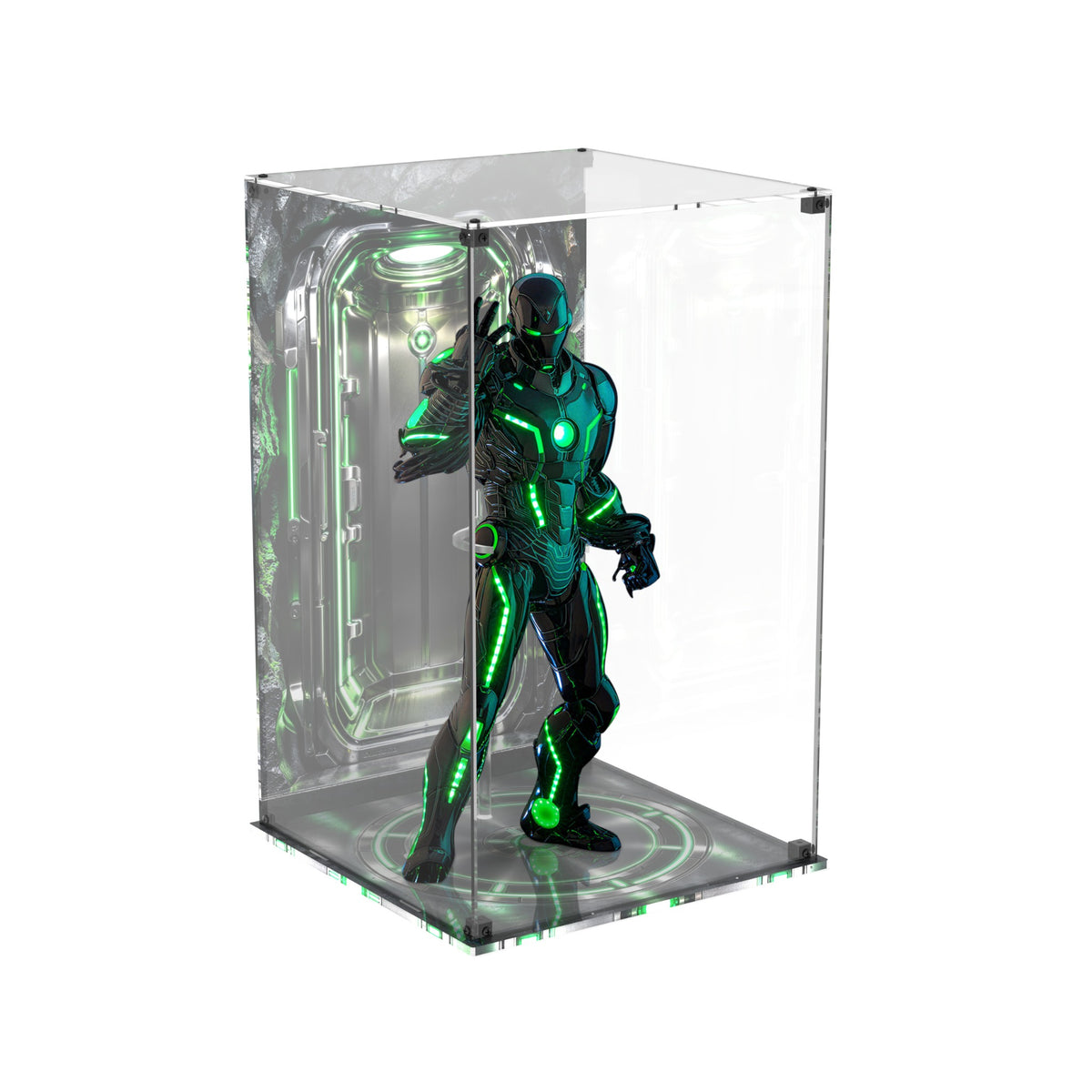 Display case for Hot Toys CMS036D83 Superior Iron Man (Infamous Neon Version) - printed back and printed base, angled view with figure