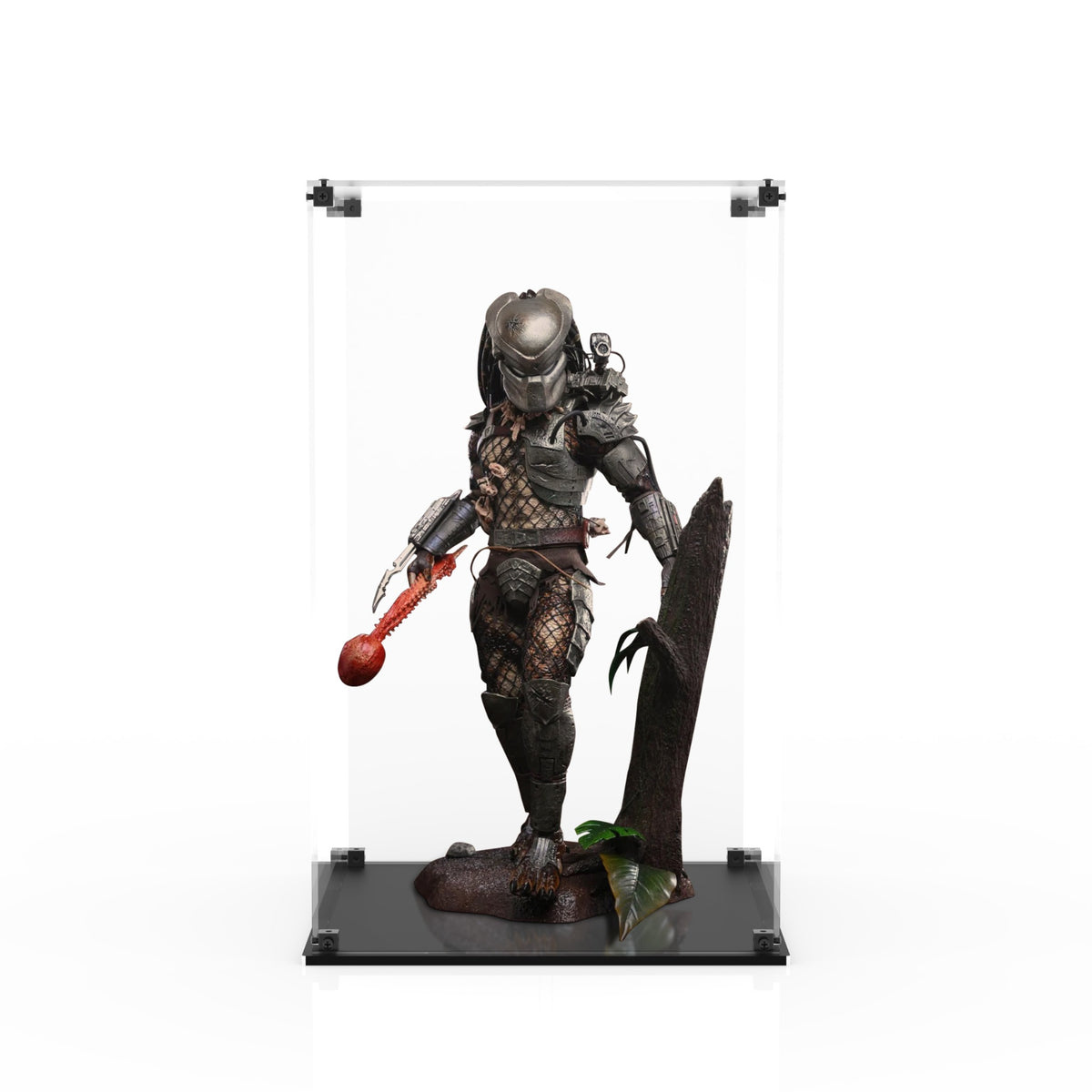 Display case for Hot Toys Predator 2.0 - Clear back and glossy black base, front view with figure