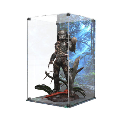 Display case for Hot Toys Predator 2.0 - Jungle design, angled view with figure