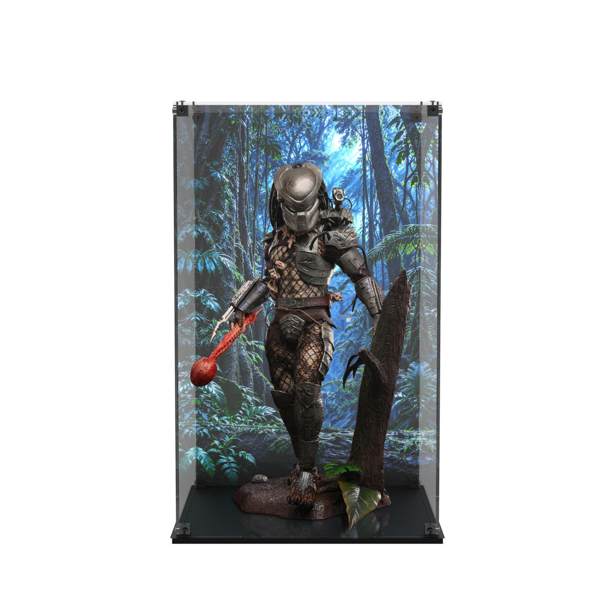 Display case for Hot Toys Predator 2.0 - Jungle back and glossy black base, front view with figure