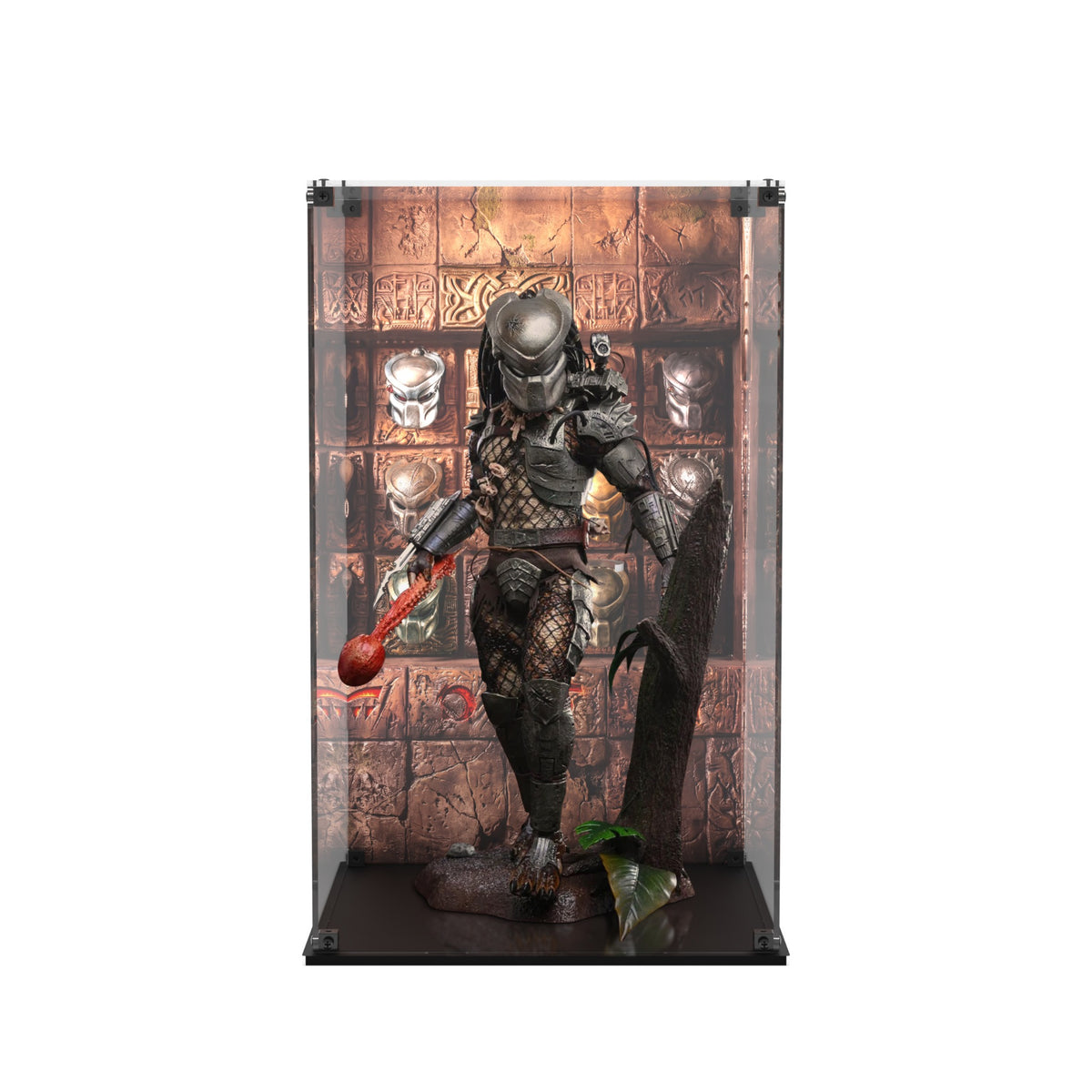Display case for Hot Toys Predator 2.0 - Trophy Room back and glossy black base, front view with figure