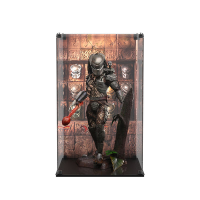 Display case for Hot Toys Predator 2.0 - Trophy Room back and glossy black base, front view with figure