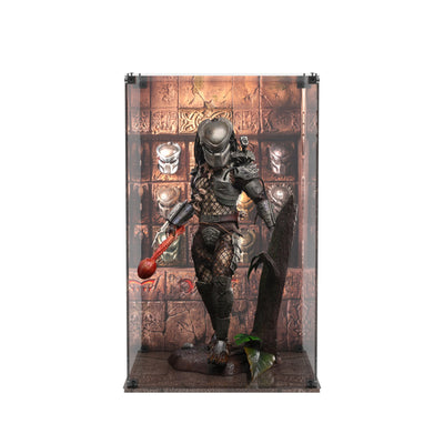 Display case for Hot Toys Predator 2.0 - Trophy Room back and printed base, front view with figure